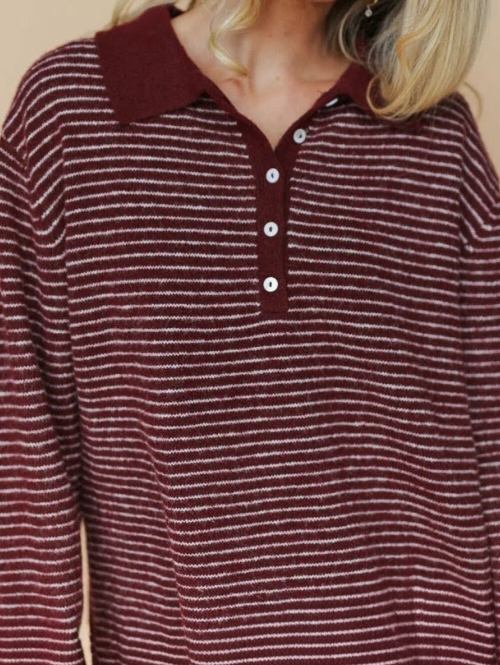 Things Between Preppy Striped Polo Knit Henley Sweater in Burgundy/Cream - S